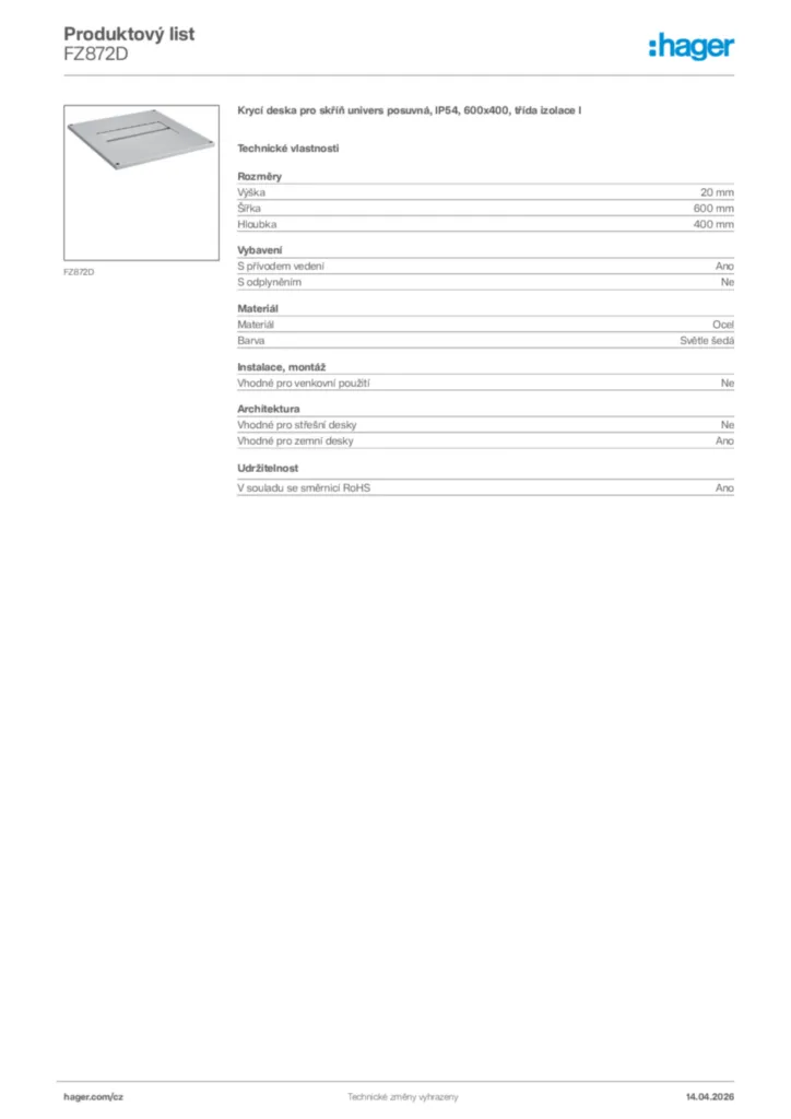 Obrázek Hager Product data sheet FZ872D | Hager