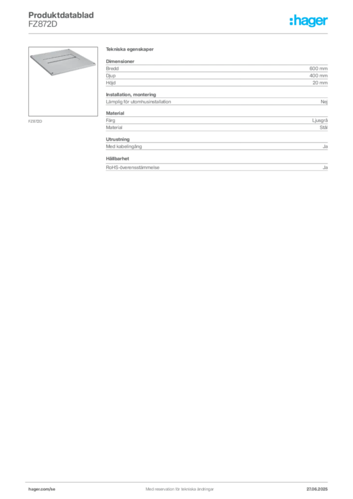 Bild Hager Produktdatablad FZ872D | Hager Sverige