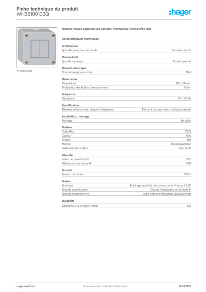 Image Hager Fiche technique du produit WH36100103Q | Hager Suisse