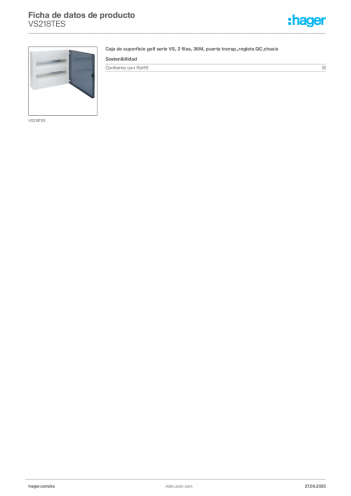 Imagen Hager Ficha de datos de producto VS218TES | Hager España