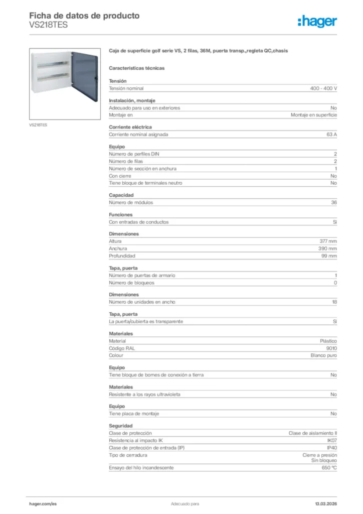Imagen Hager Ficha de datos de producto VS218TES | Hager España