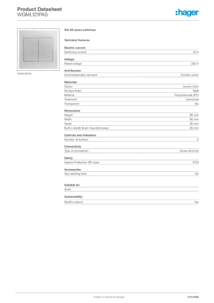 Image Hager Product data sheet WGML121PAS  | Hager