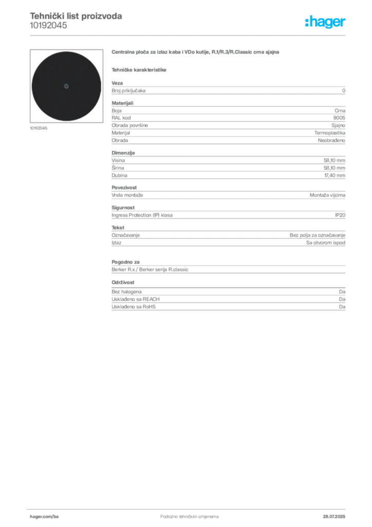 Slika Hager Product data sheet 10192045  | Hager