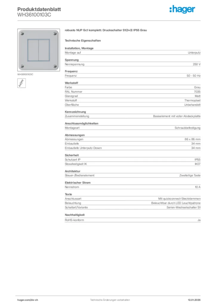 Bild Hager Produktdatenblatt WH36100103C | Hager Schweiz