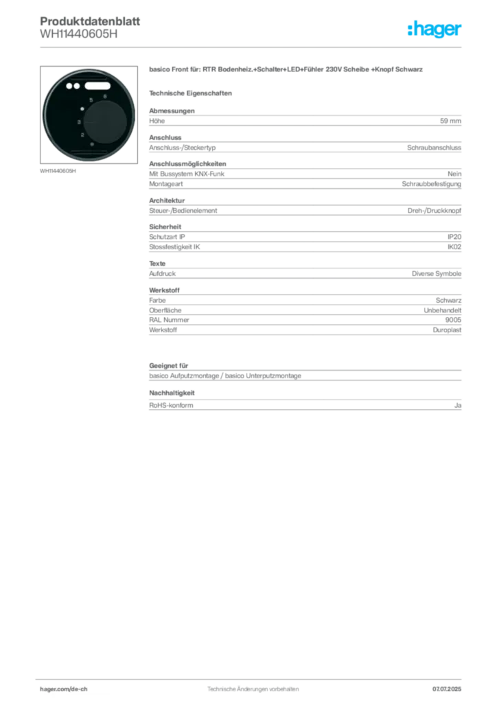 Bild Hager Produktdatenblatt WH11440605H | Hager Schweiz