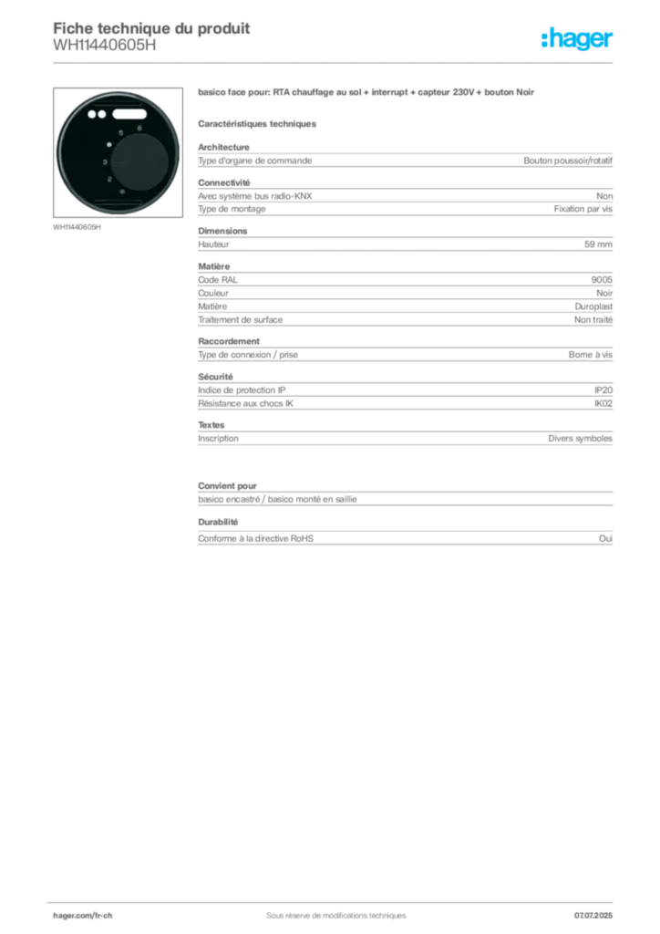 Image Hager Fiche technique du produit WH11440605H | Hager Suisse