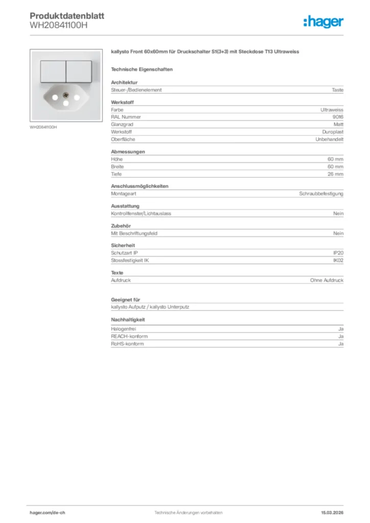 Bild Hager Produktdatenblatt WH20841100H | Hager Schweiz