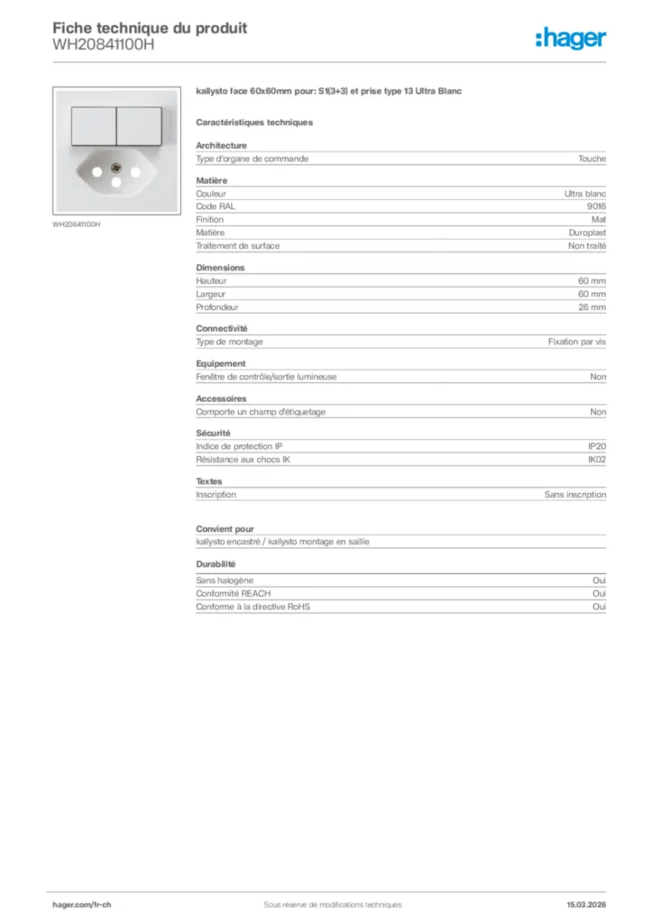 Image Hager Fiche technique du produit WH20841100H | Hager Suisse