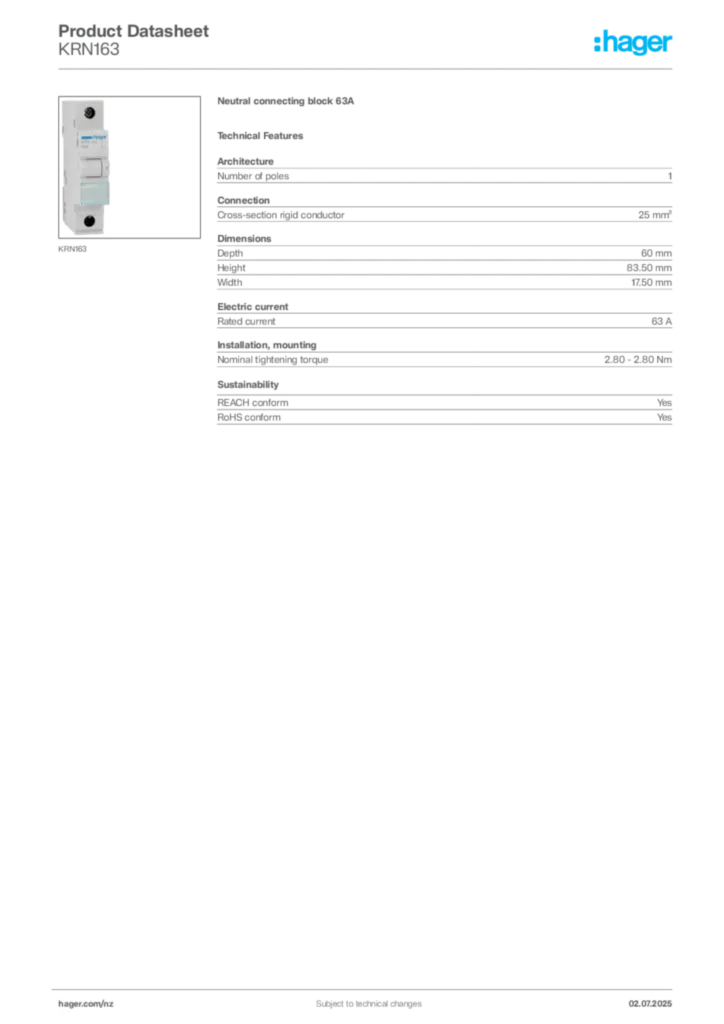 Image Hager Product data sheet KRN163  | Hager New Zealand