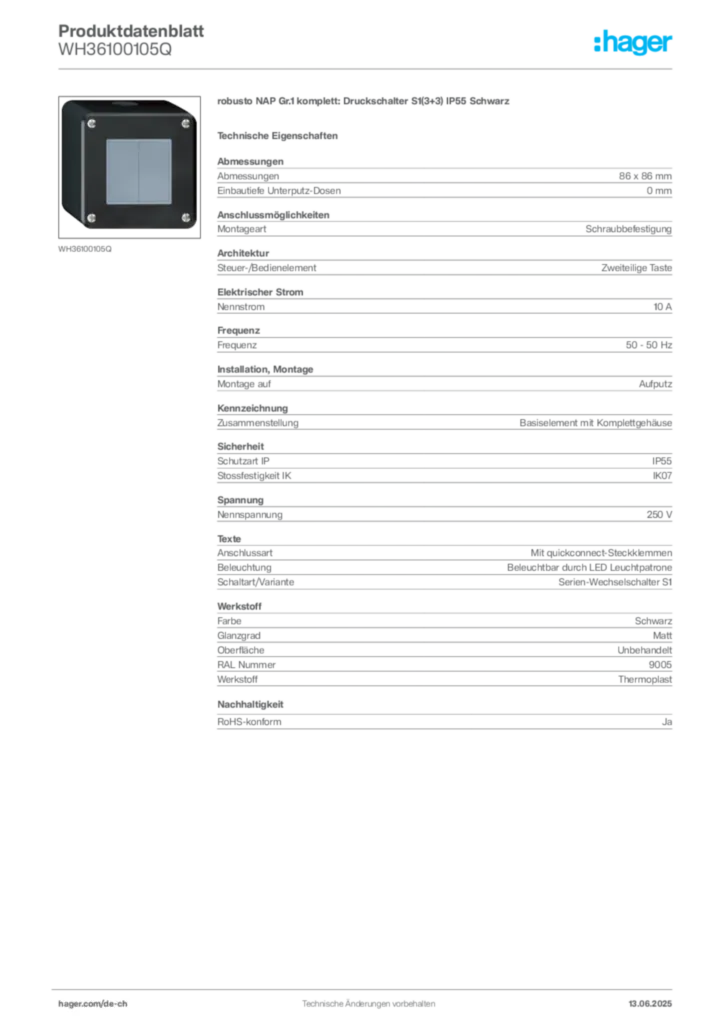 Bild Hager Produktdatenblatt WH36100105Q | Hager Schweiz