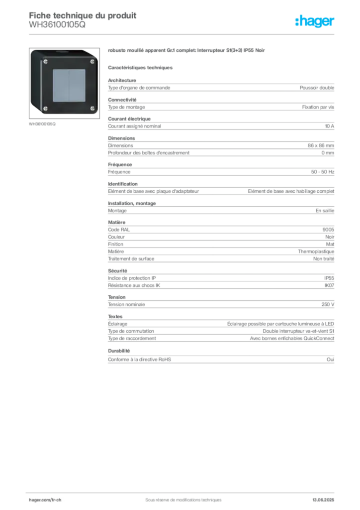 Image Hager Fiche technique du produit WH36100105Q | Hager Suisse