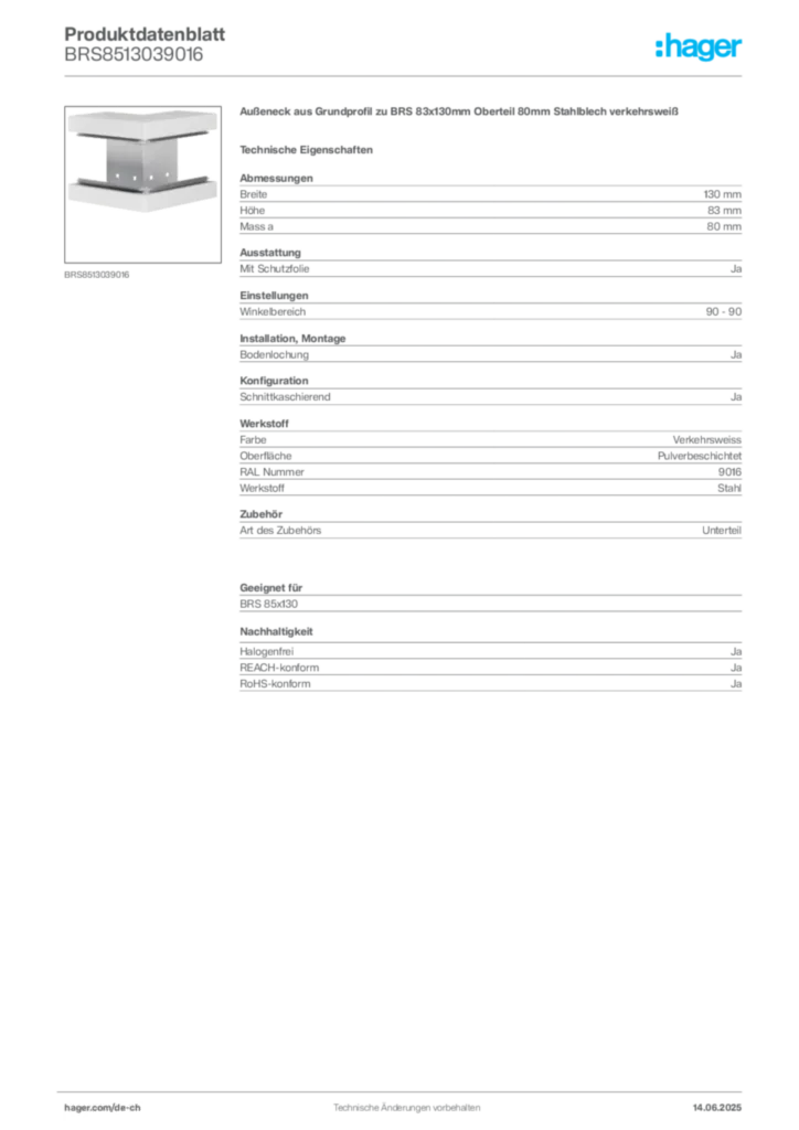 Bild Hager Produktdatenblatt BRS8513039016 | Hager Schweiz