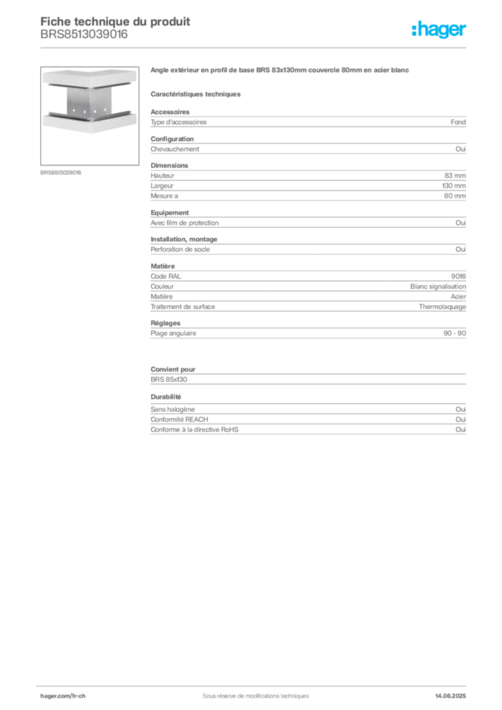 Image Hager Fiche technique du produit BRS8513039016 | Hager Suisse
