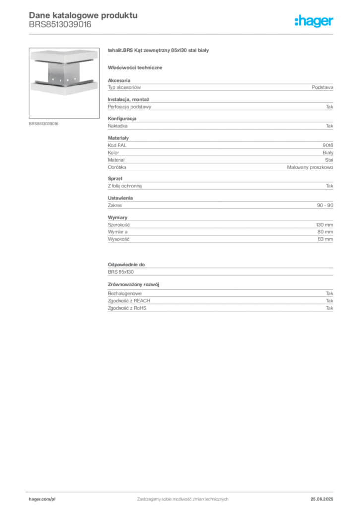 Zdjęcie Hager Karta katalogowa BRS8513039016 | Hager Polska