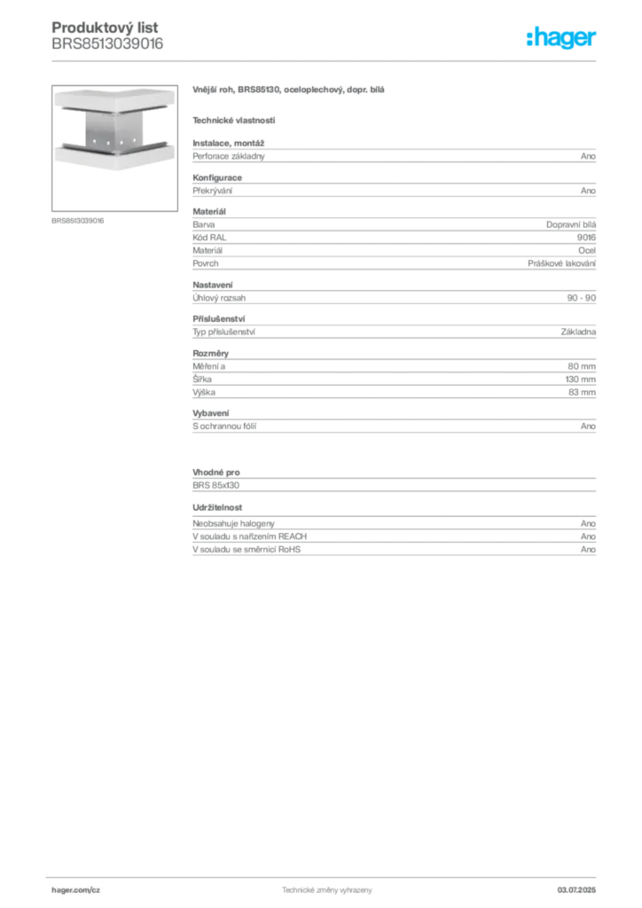 Obrázek Hager Produktový list BRS8513039016 | Hager