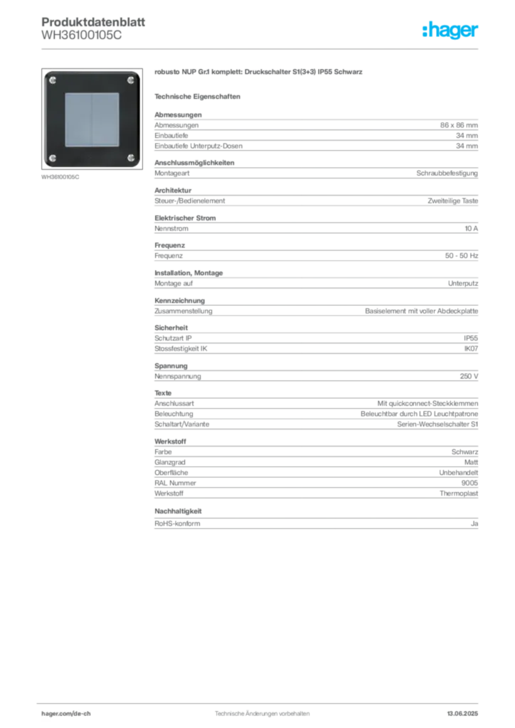 Bild Hager Produktdatenblatt WH36100105C | Hager Schweiz