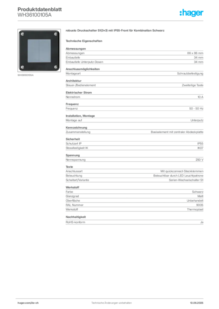 Bild Hager Produktdatenblatt WH36100105A | Hager Schweiz
