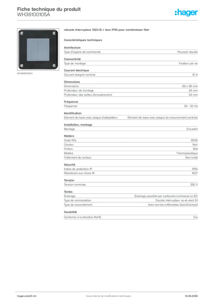 Image Hager Fiche technique du produit WH36100105A | Hager Suisse