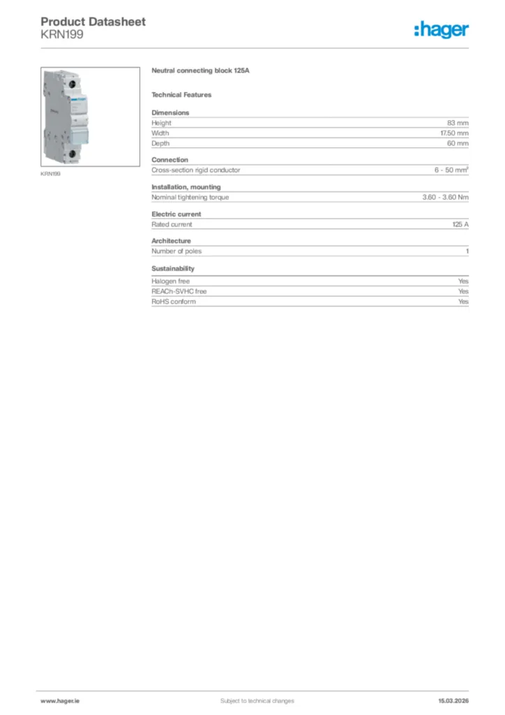 Image Hager Product data sheet KRN199  | Hager