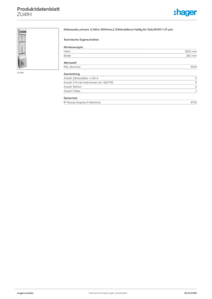 Bild Hager Produktdatenblatt ZU41H | Hager Deutschland