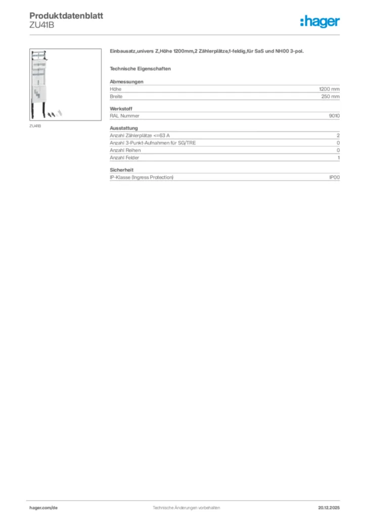 Bild Hager Produktdatenblatt ZU41B | Hager Deutschland