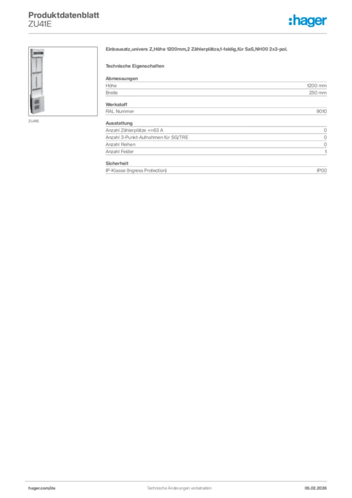 Bild Hager Produktdatenblatt ZU41E | Hager Deutschland