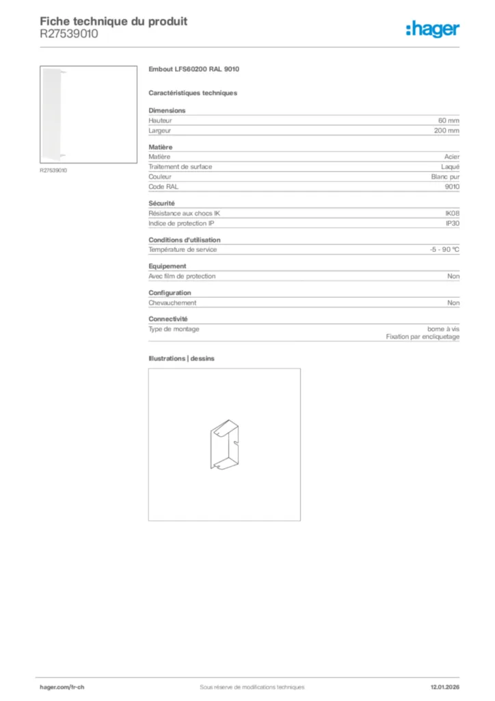 Image Hager Fiche technique du produit R27539010 | Hager Suisse