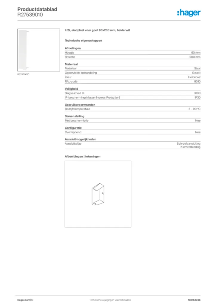 Afbeelding Hager Productdatablad R27539010 | Hager Nederland