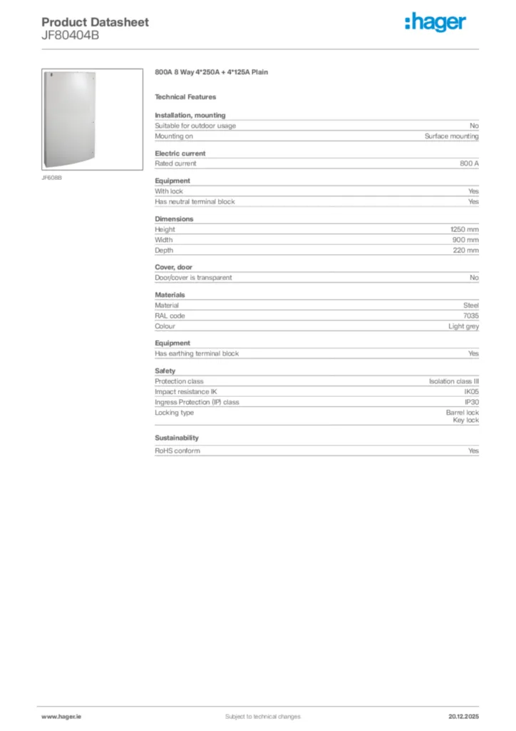 Image Hager Product data sheet JF80404B  | Hager