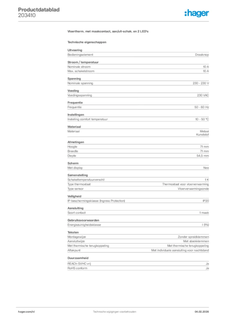 Afbeelding Hager Productdatablad 203410 | Hager Nederland
