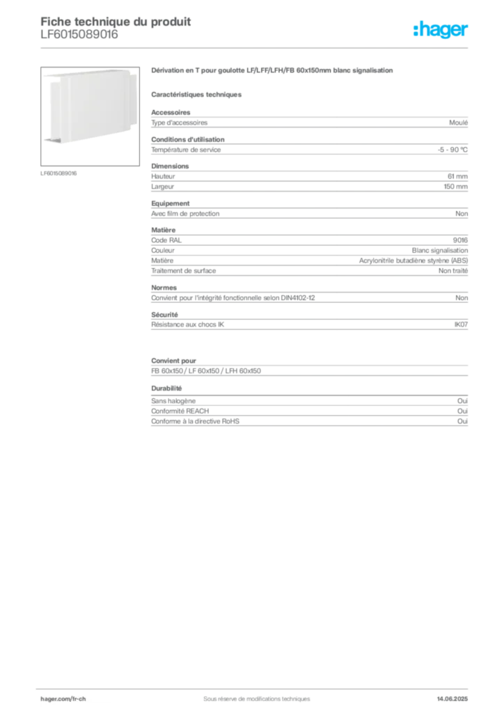 Image Hager Fiche technique du produit LF6015089016 | Hager Suisse
