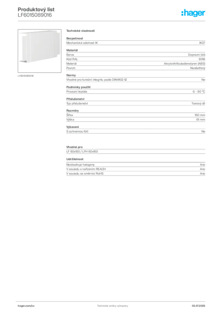 Obrázek Hager Produktový list LF6015089016 | Hager