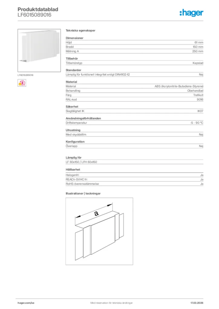 Bild Hager Produktdatablad LF6015089016 | Hager Sverige