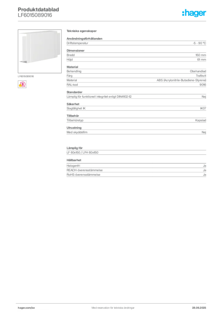 Bild Hager Produktdatablad LF6015089016 | Hager Sverige