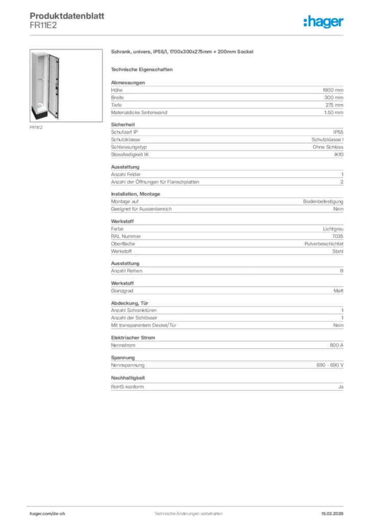 Bild Hager Produktdatenblatt FR11E2 | Hager Schweiz