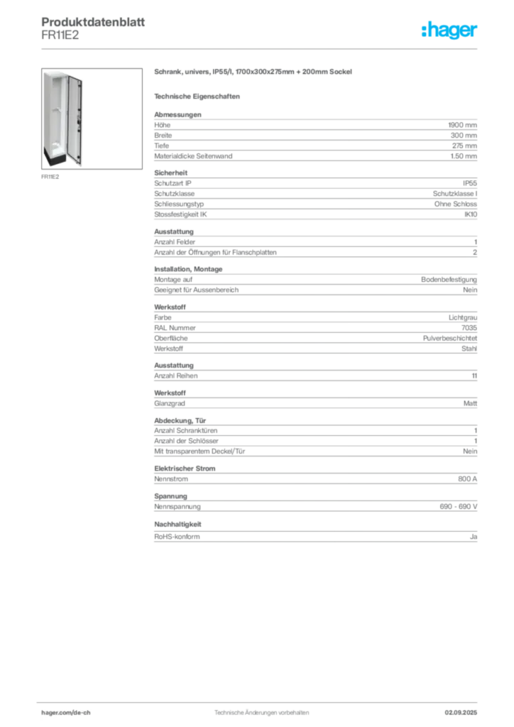 Bild Hager Produktdatenblatt FR11E2 | Hager Schweiz