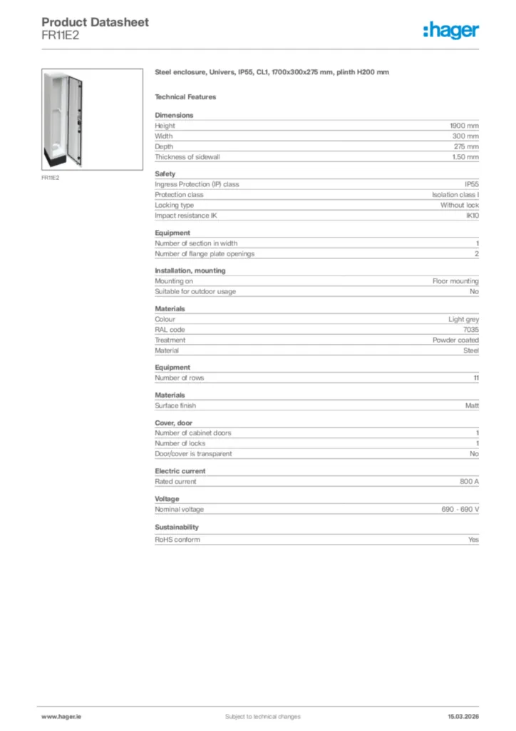 Image Hager Product data sheet FR11E2  | Hager