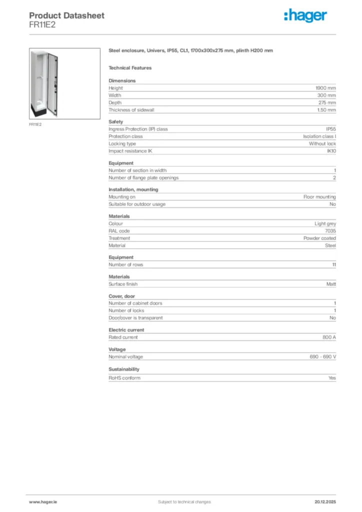 Image Hager Product data sheet FR11E2  | Hager
