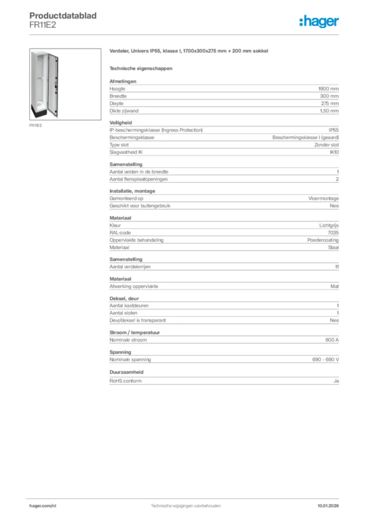 Afbeelding Hager Productdatablad FR11E2 | Hager Nederland
