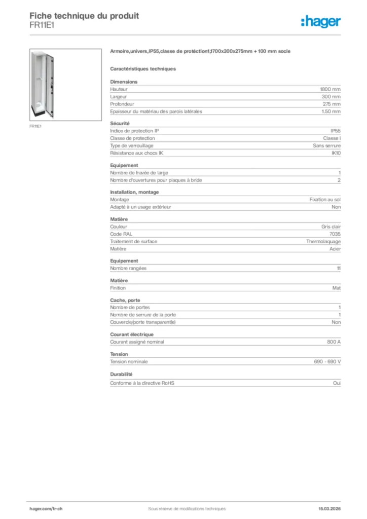 Image Hager Fiche technique du produit FR11E1 | Hager Suisse