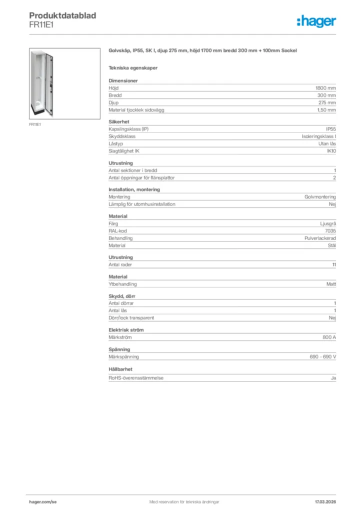 Bild Hager Produktdatablad FR11E1 | Hager Sverige