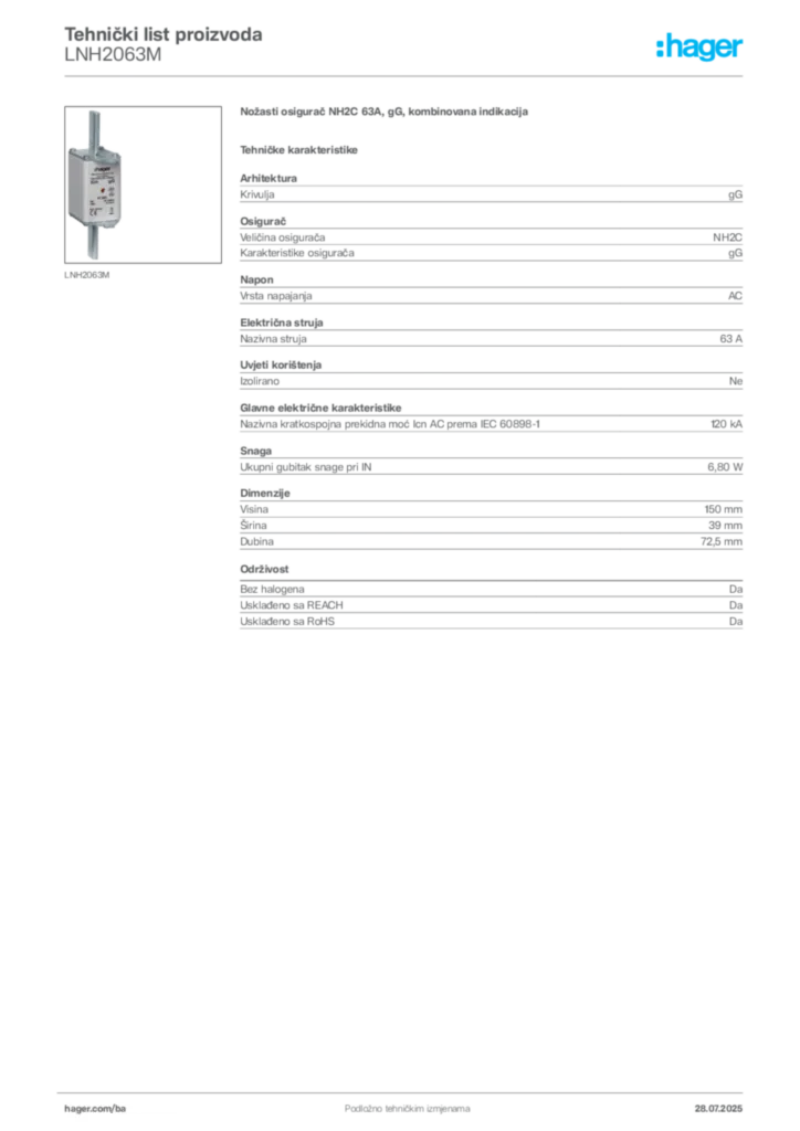 Slika Hager Product data sheet LNH2063M  | Hager