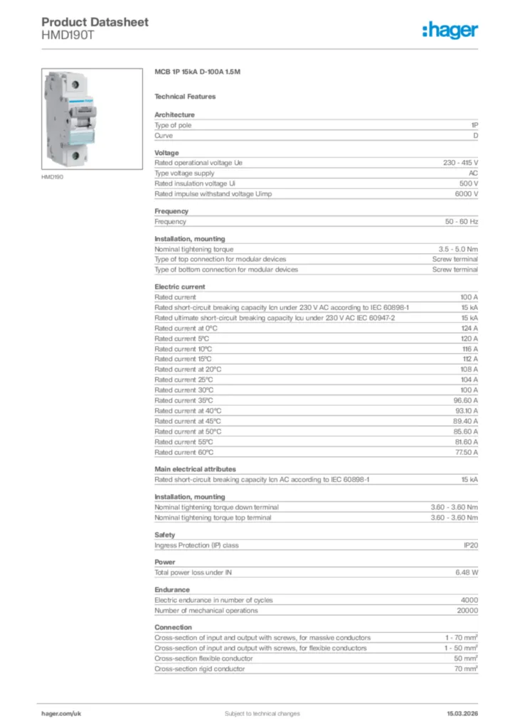 Image Hager Product data sheet HMD190T  | Hager