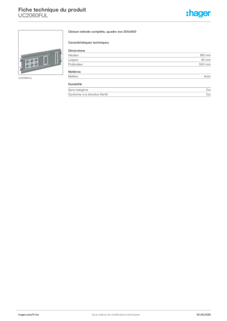 Image Hager Fiche technique du produit UC2060FUL | Hager Belgique