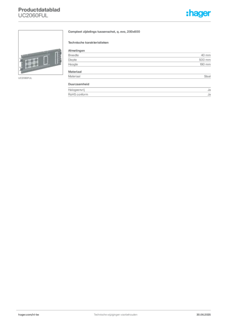 Afbeelding Hager Productdatablad UC2060FUL | Hager Belgium
