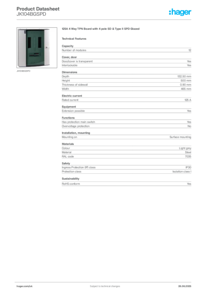 Image Hager Product data sheet JK104BGSPD  | Hager