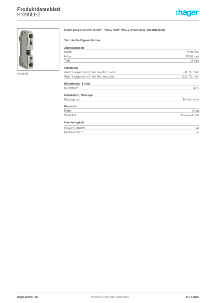 Bild Hager Produktdatenblatt KYA16LH2 | Hager Schweiz