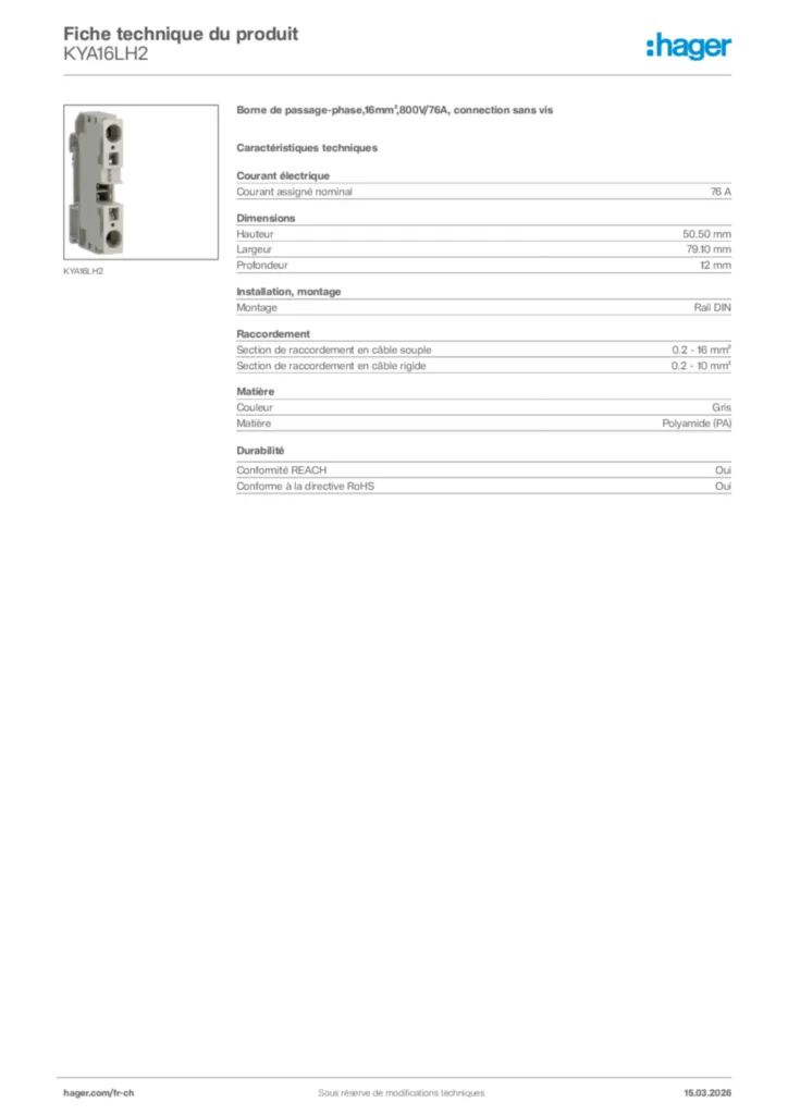 Image Hager Fiche technique du produit KYA16LH2 | Hager Suisse