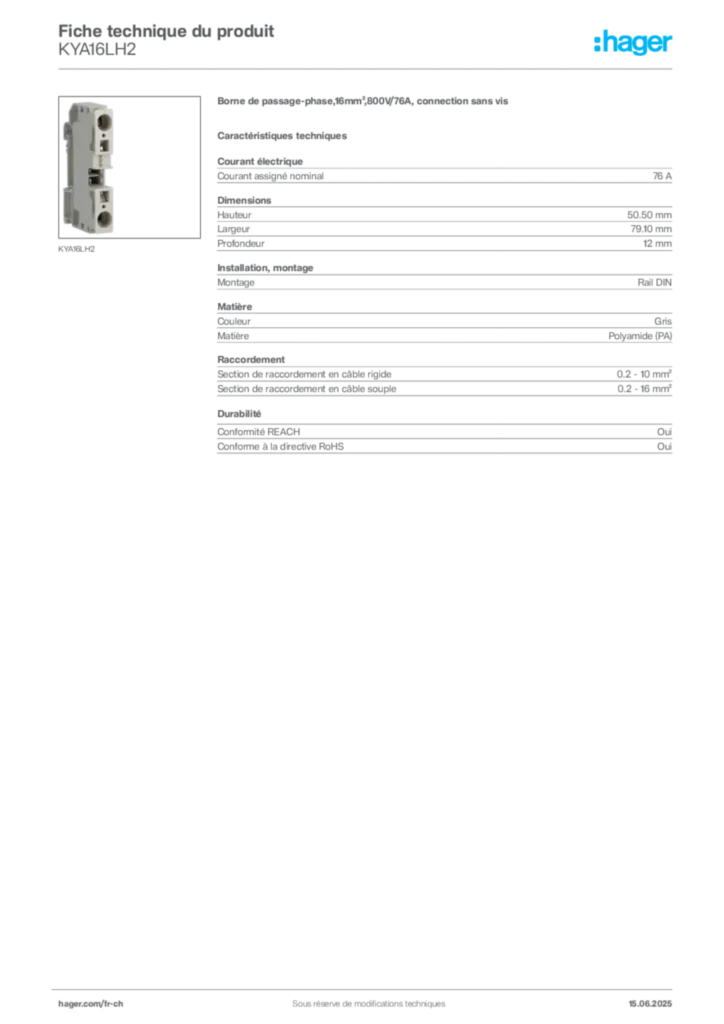 Image Hager Fiche technique du produit KYA16LH2 | Hager Suisse