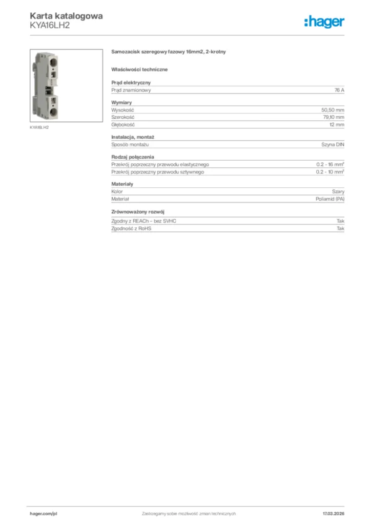Zdjęcie Hager Karta katalogowa KYA16LH2 | Hager Polska